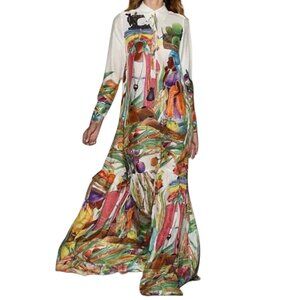 Stylewe Colorful Print Maxi Shirt Dress Small NWT Boho Art Long Sleeve